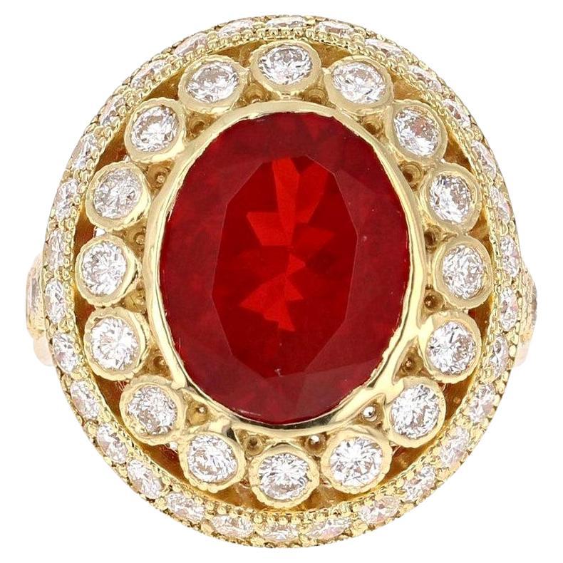 Anello Cocktail con Opale di Fuoco Messicano da 4,90 carati e diamante in oro giallo 18 carati in vendita