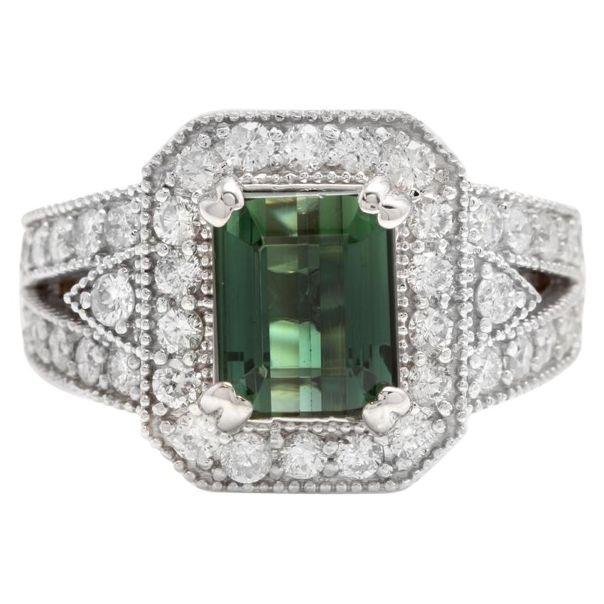 4.90 Carat Natural Green Tourmaline and Diamond 18 Karat Solid White Gold Ring For Sale