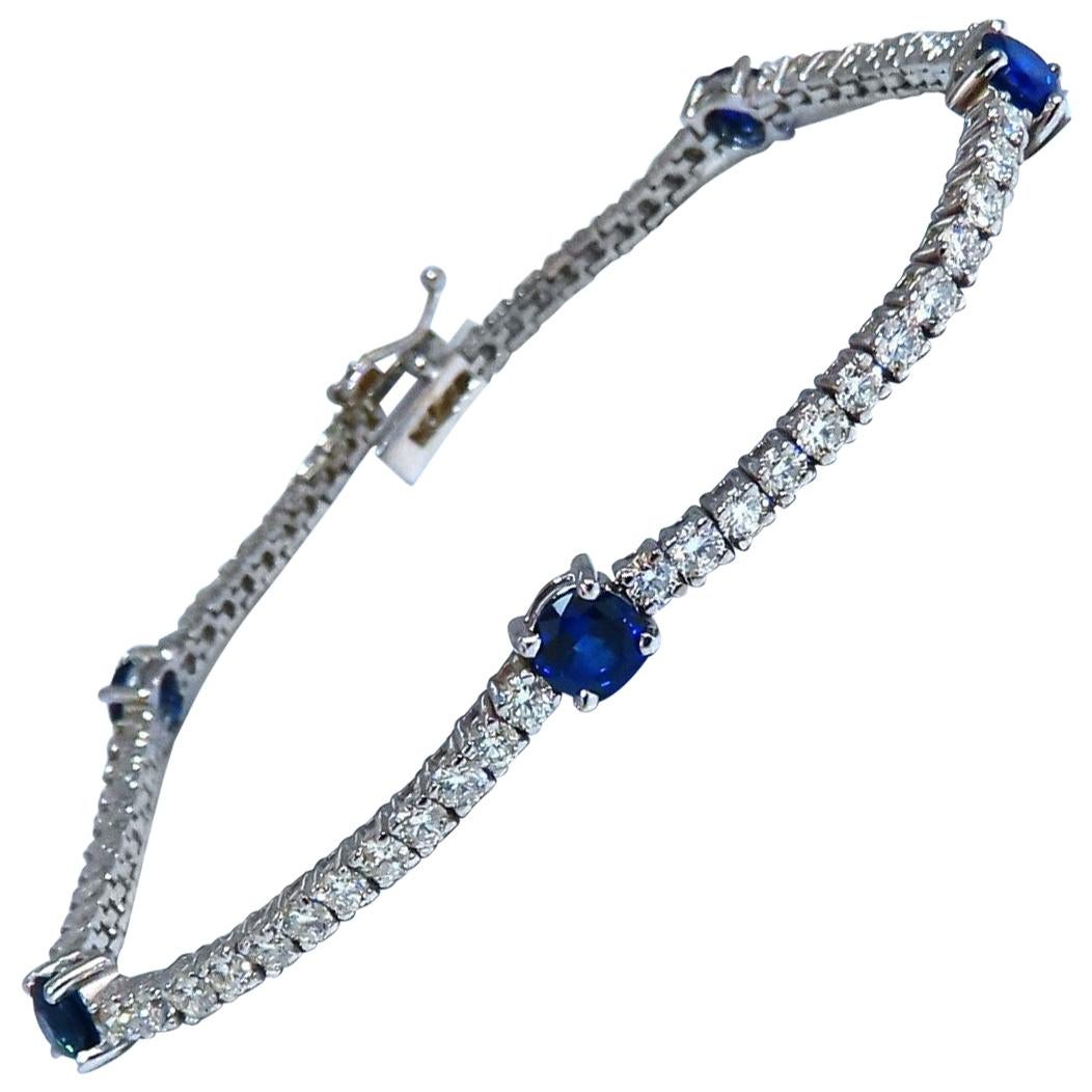 4.90 Carat Natural Vivid Royal Blue Round Sapphires Diamond Bracelet 14 Karat