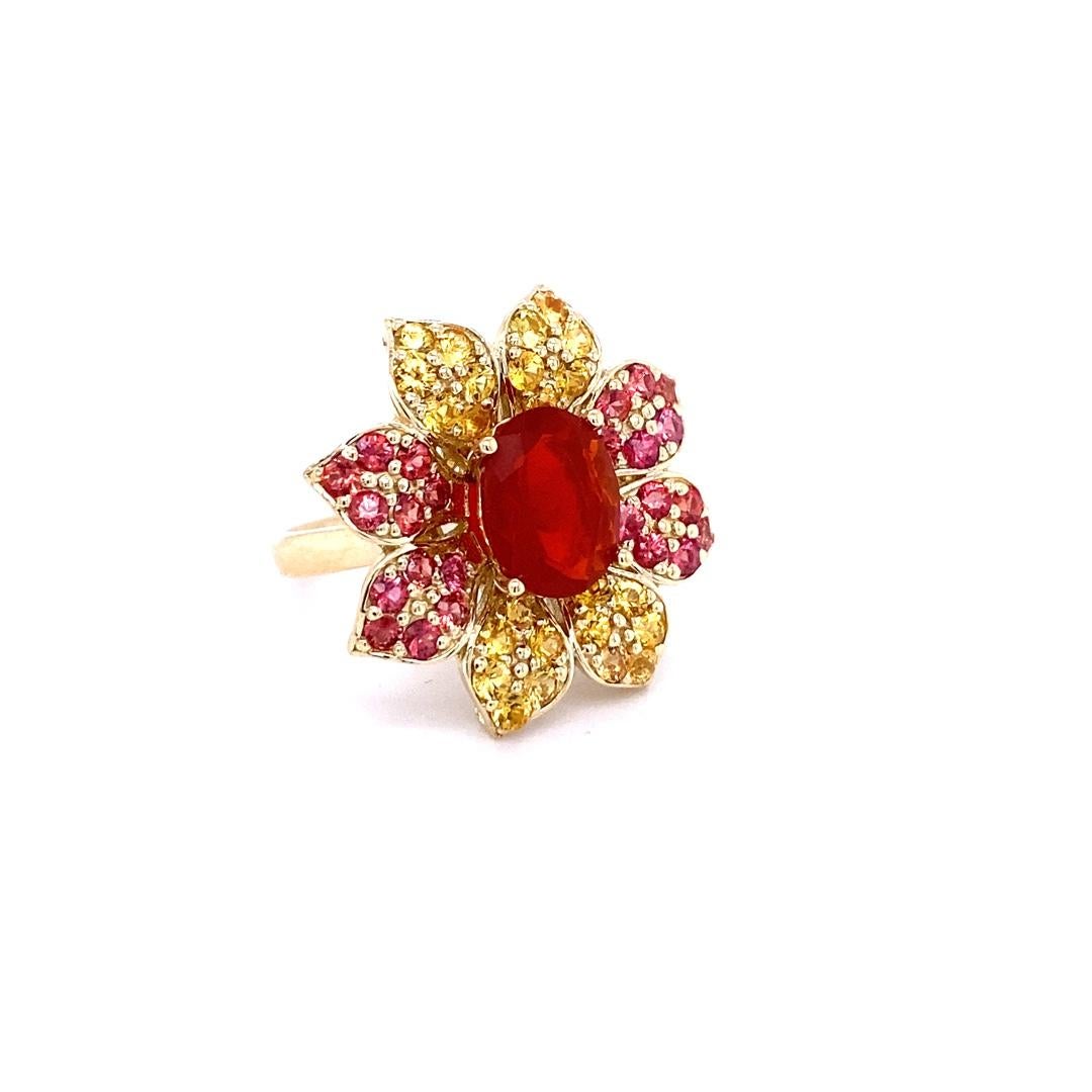 4.90 Carat Fire Opal Sapphire Yellow Gold Cocktail Ring In New Condition For Sale In Los Angeles, CA