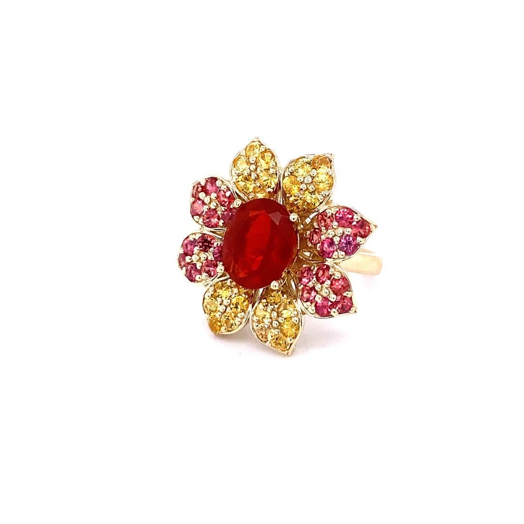 Women's 4.90 Carat Fire Opal Sapphire Yellow Gold Cocktail Ring For Sale