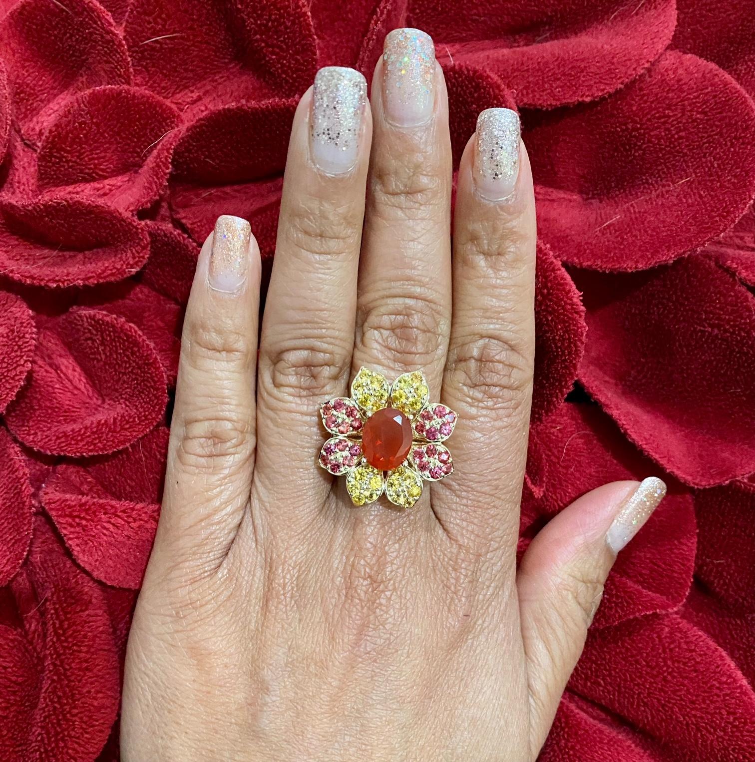 4.90 Carat Fire Opal Sapphire Yellow Gold Cocktail Ring For Sale 2