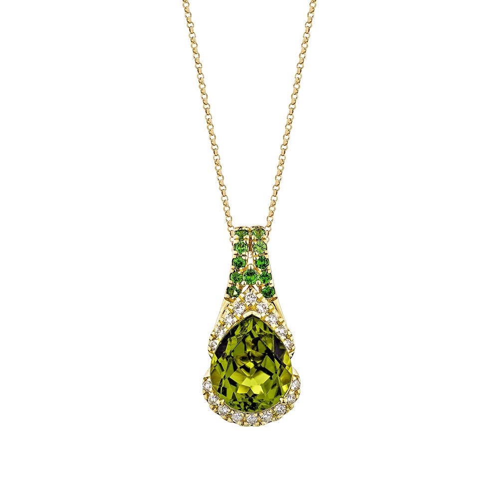 This collection features a selection of the most Olivia hue peridot gemstone. Uniquely designed this pendant with tsavorite and diamonds in yellow gold to present a rich and regal look.

Peridot Pendant in 18Karat Yellow Gold with Tsavorite and
