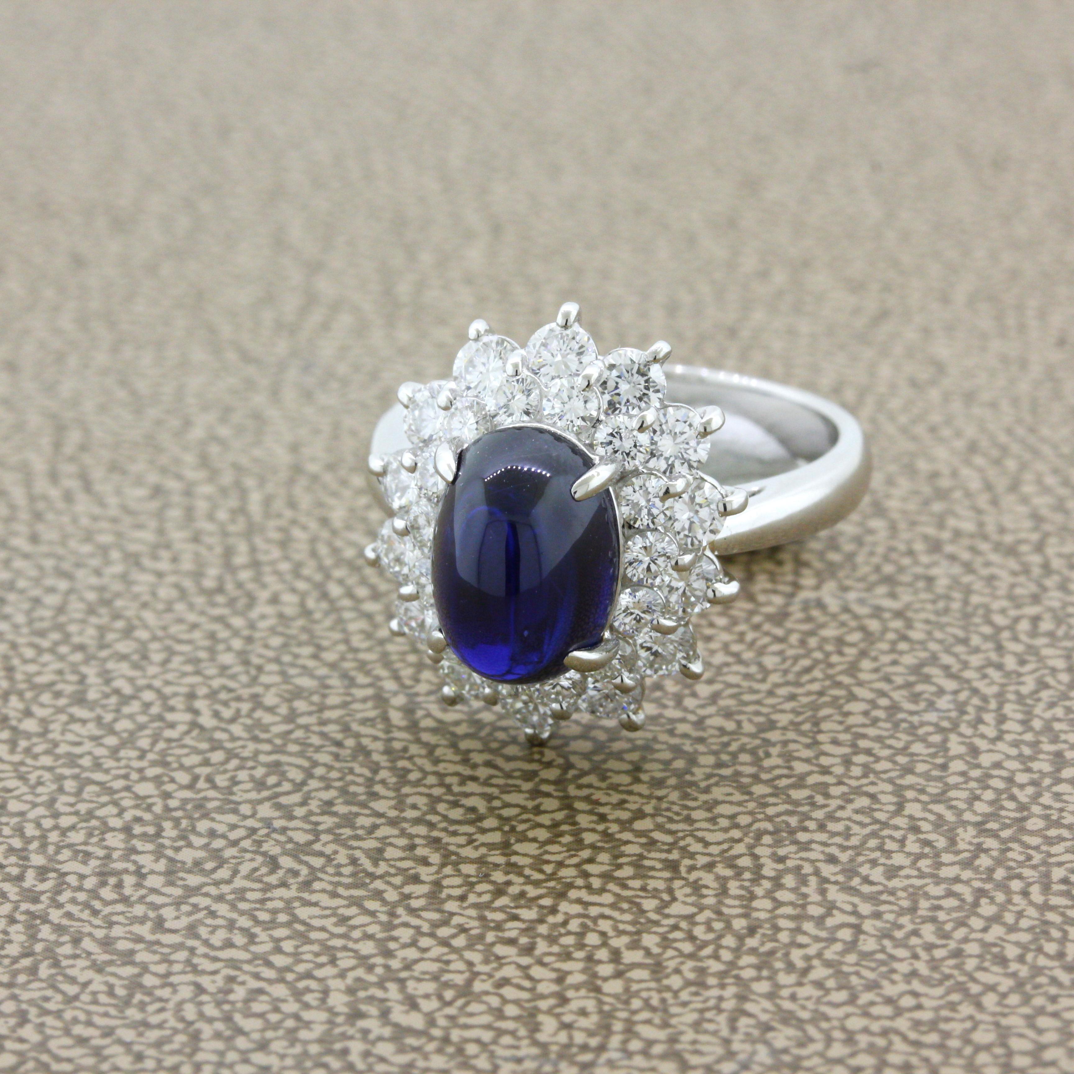 4.90 Carat Royal-Blue Cabochon Sapphire Diamond Platinum Ring In New Condition For Sale In Beverly Hills, CA