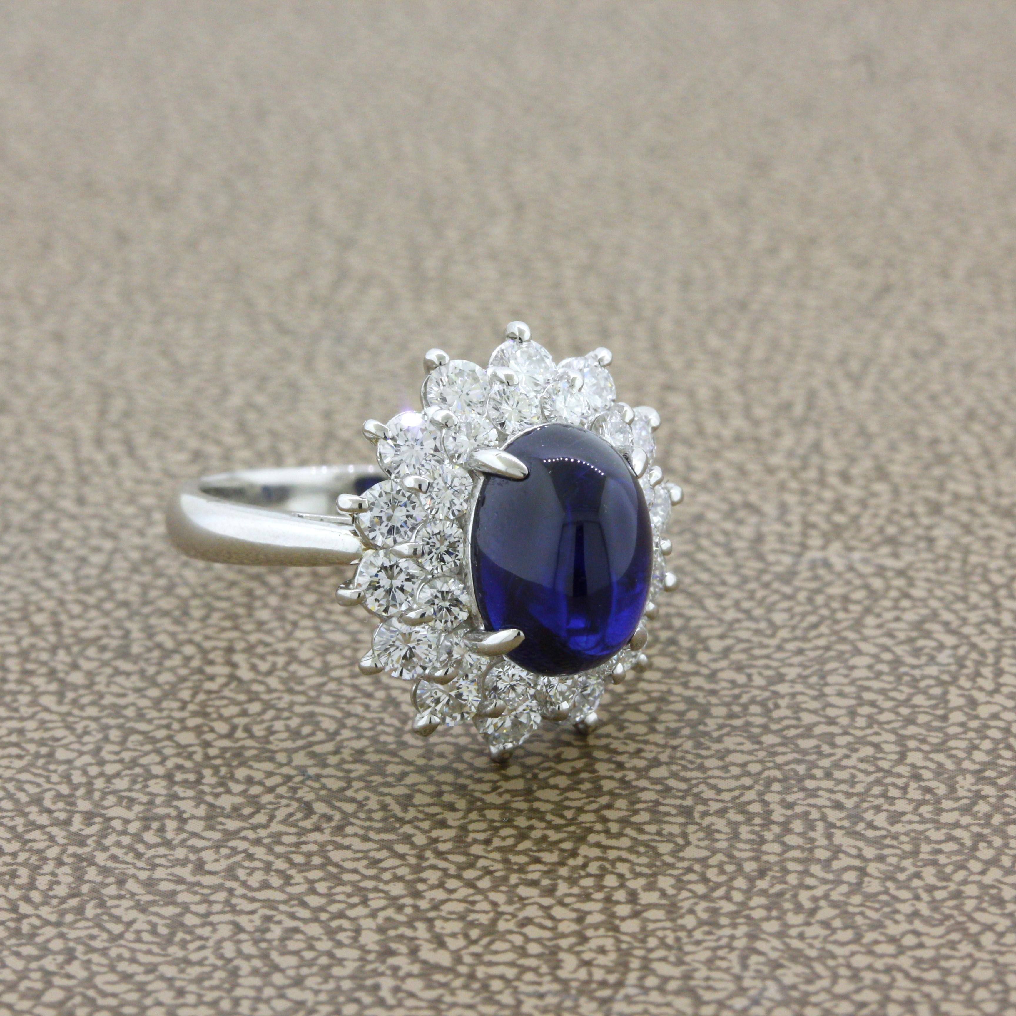 Women's 4.90 Carat Royal-Blue Cabochon Sapphire Diamond Platinum Ring For Sale