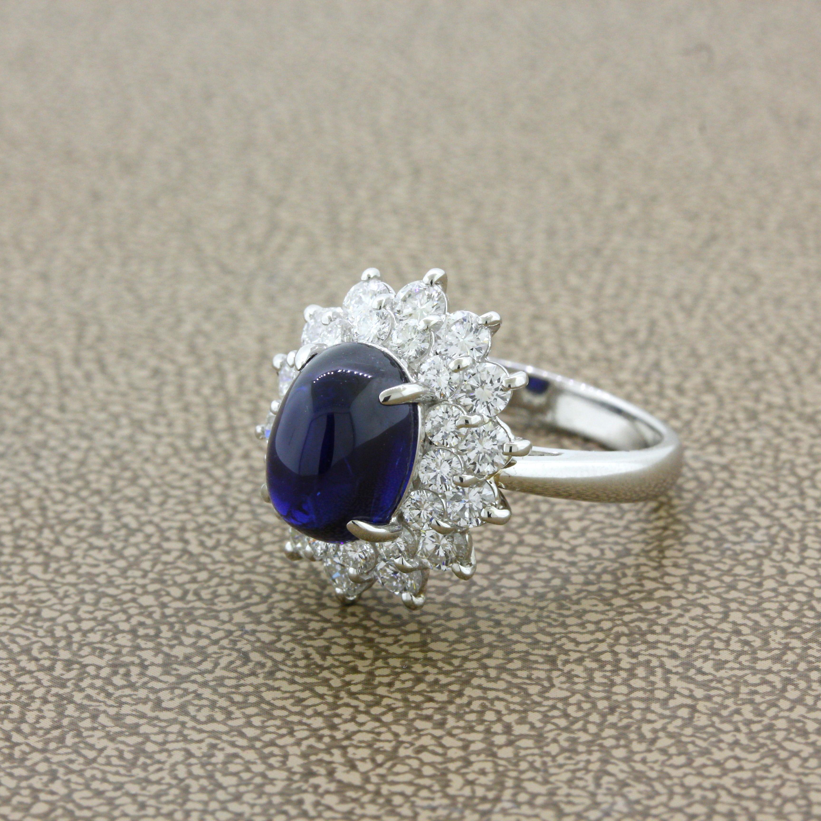4.90 Carat Royal-Blue Cabochon Sapphire Diamond Platinum Ring For Sale 1