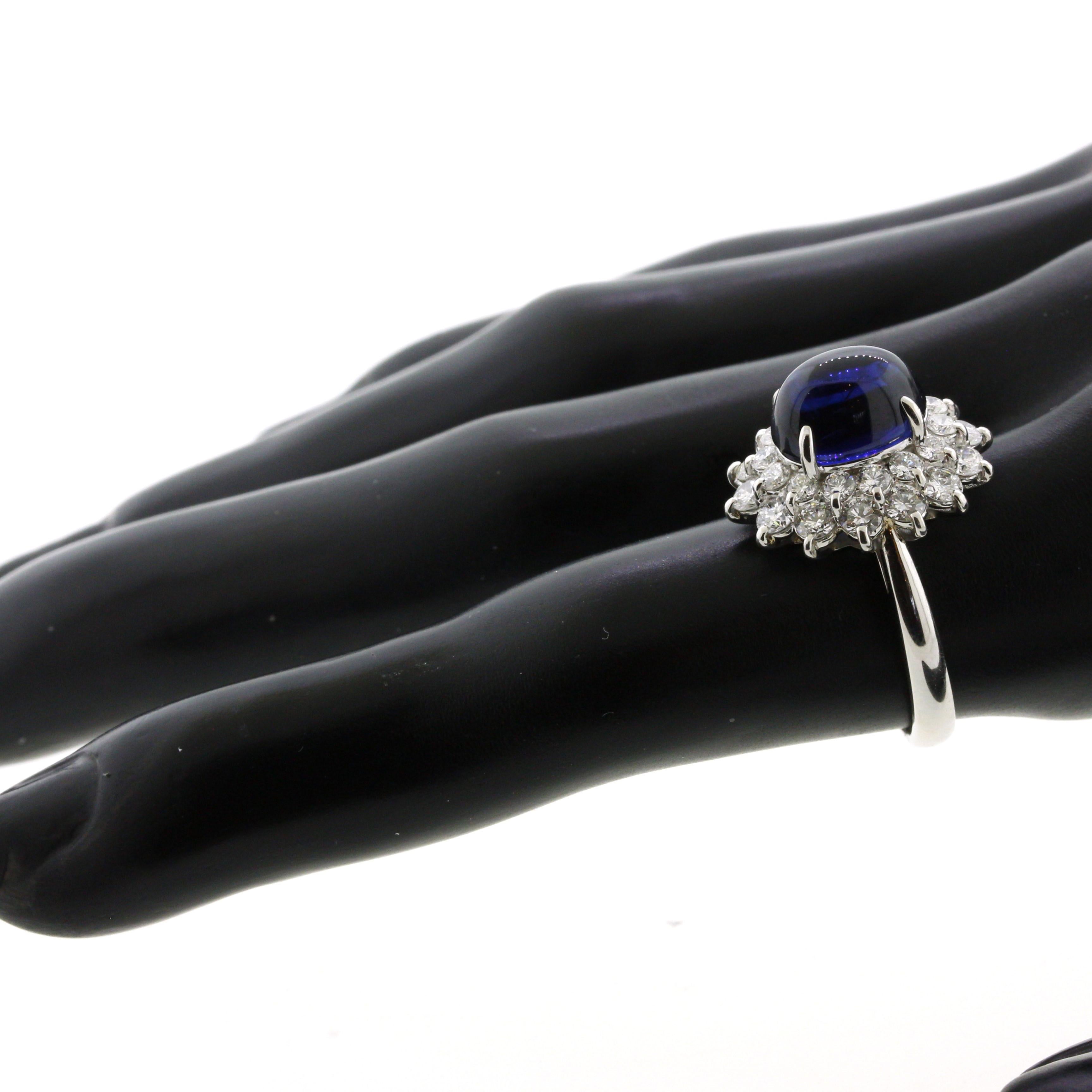 4.90 Carat Royal-Blue Cabochon Sapphire Diamond Platinum Ring For Sale 2