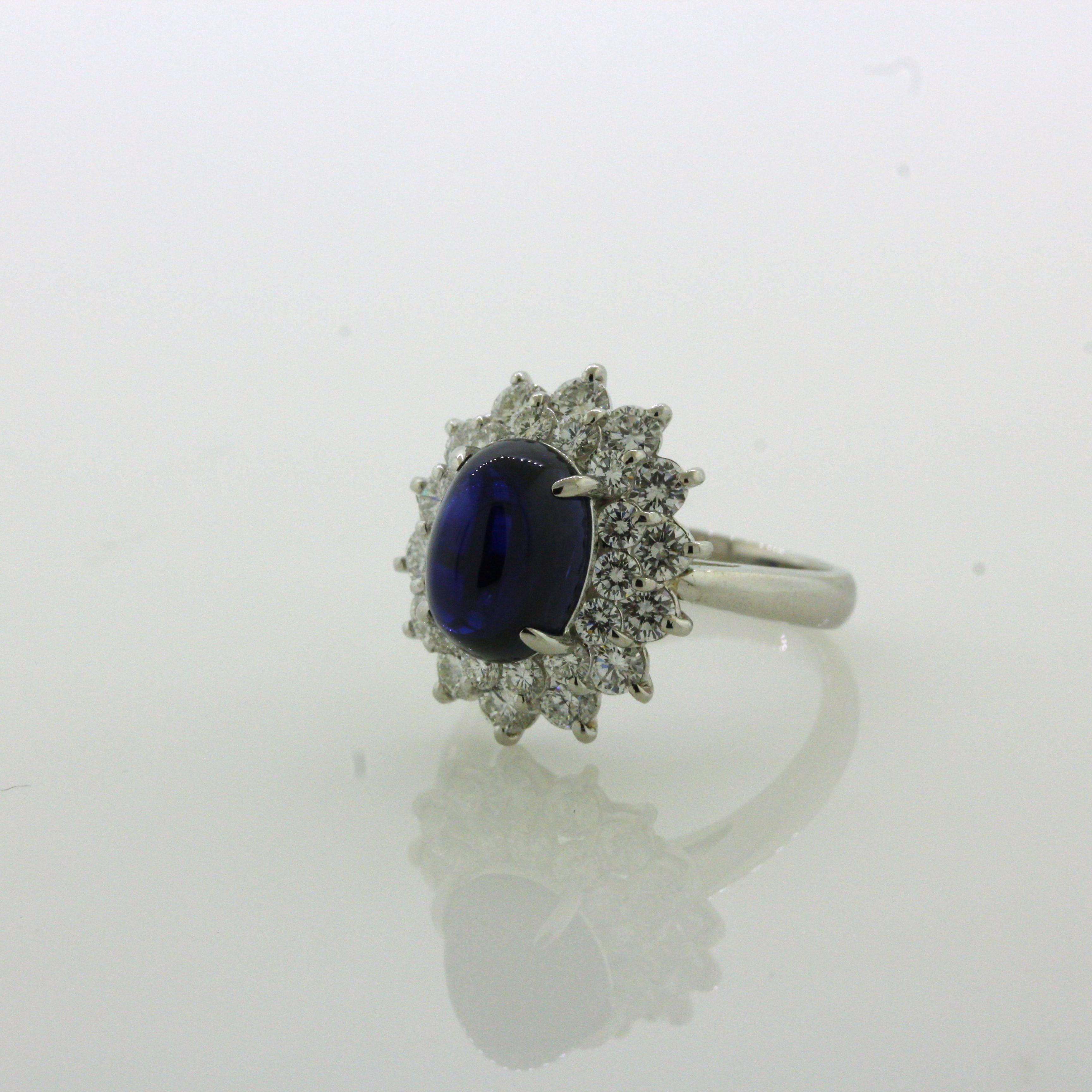 4.90 Carat Royal-Blue Cabochon Sapphire Diamond Platinum Ring For Sale 4
