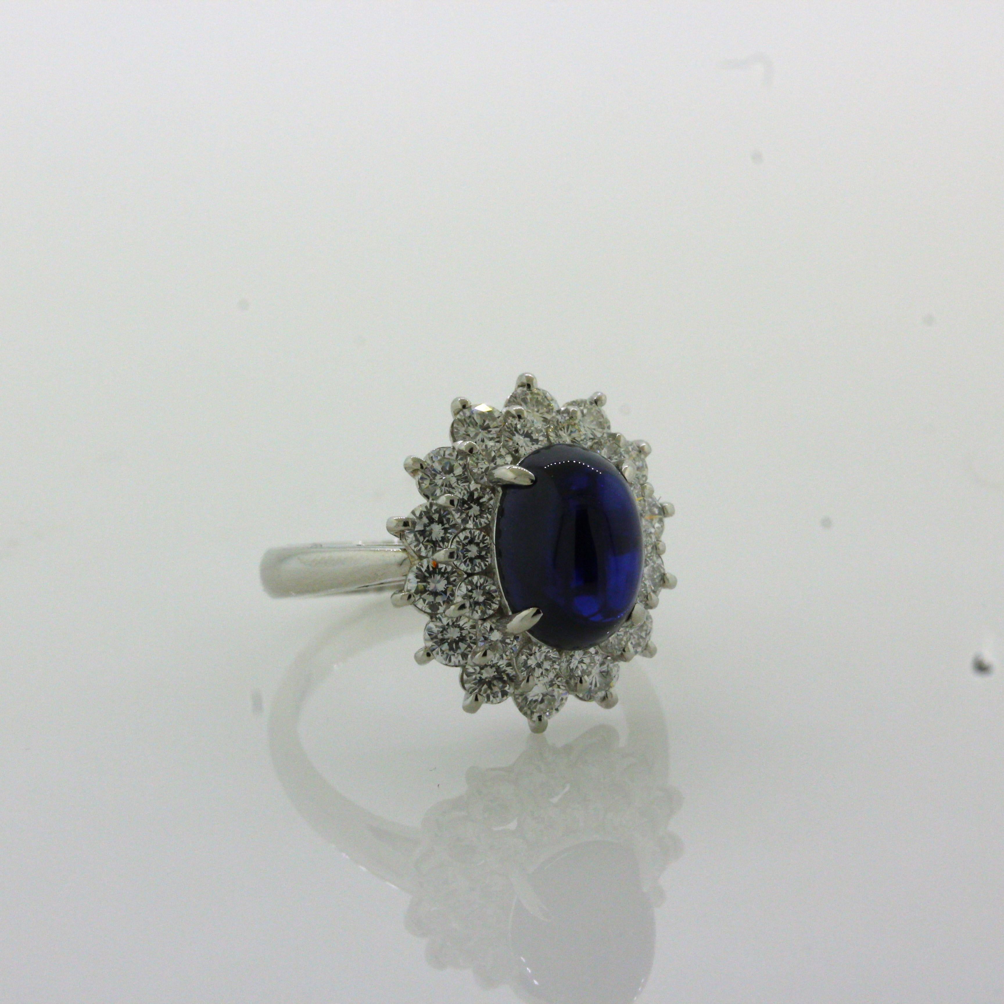 4.90 Carat Royal-Blue Cabochon Sapphire Diamond Platinum Ring For Sale 5
