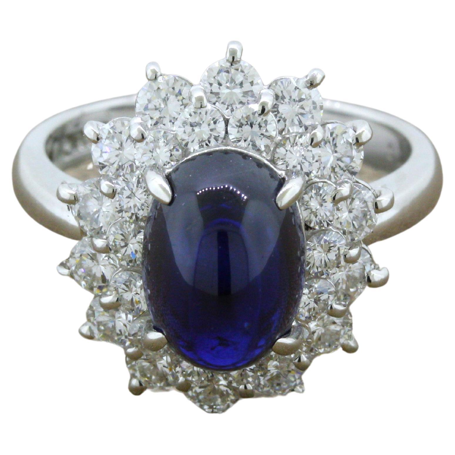 4.90 Carat Royal-Blue Cabochon Sapphire Diamond Platinum Ring For Sale