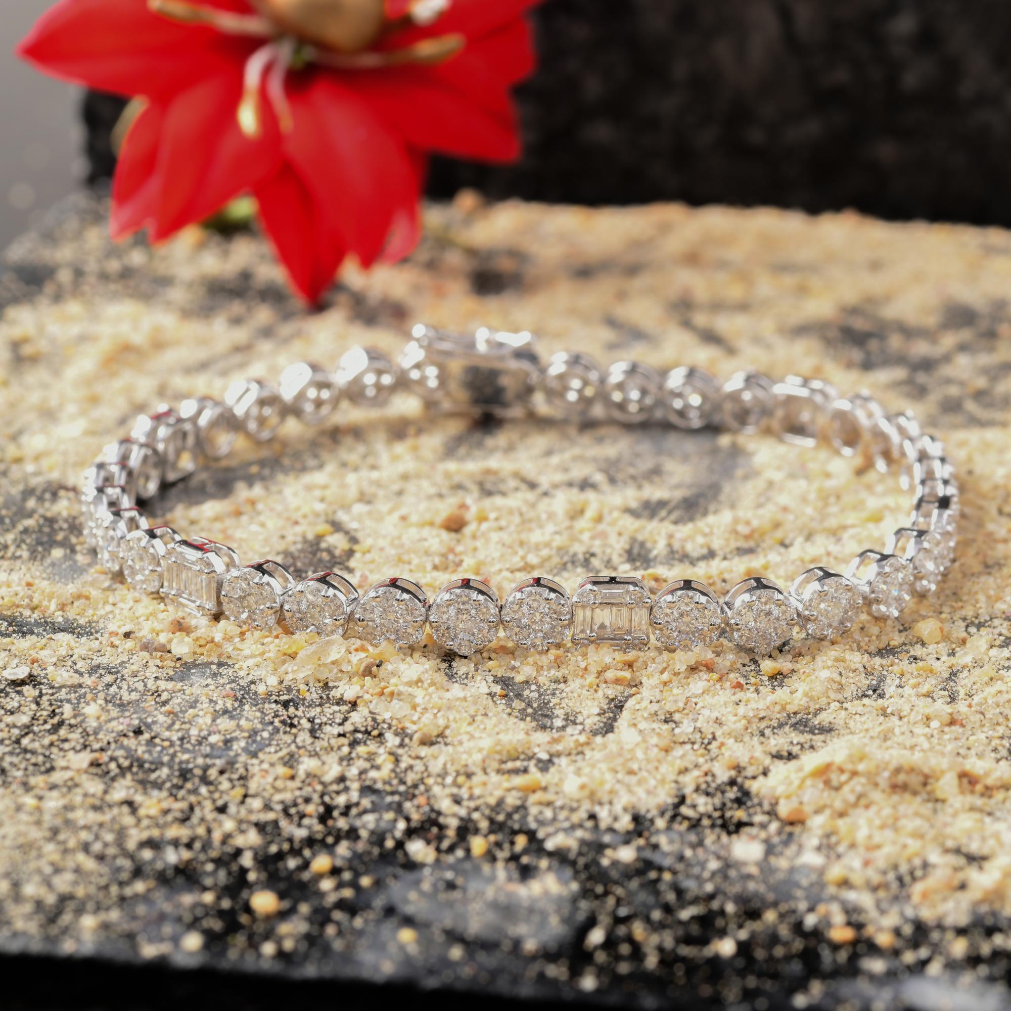 Baguette Cut 4.90 Carat SI/H Round Baguette Diamond Bracelet 18 Karat White Gold Jewelry For Sale
