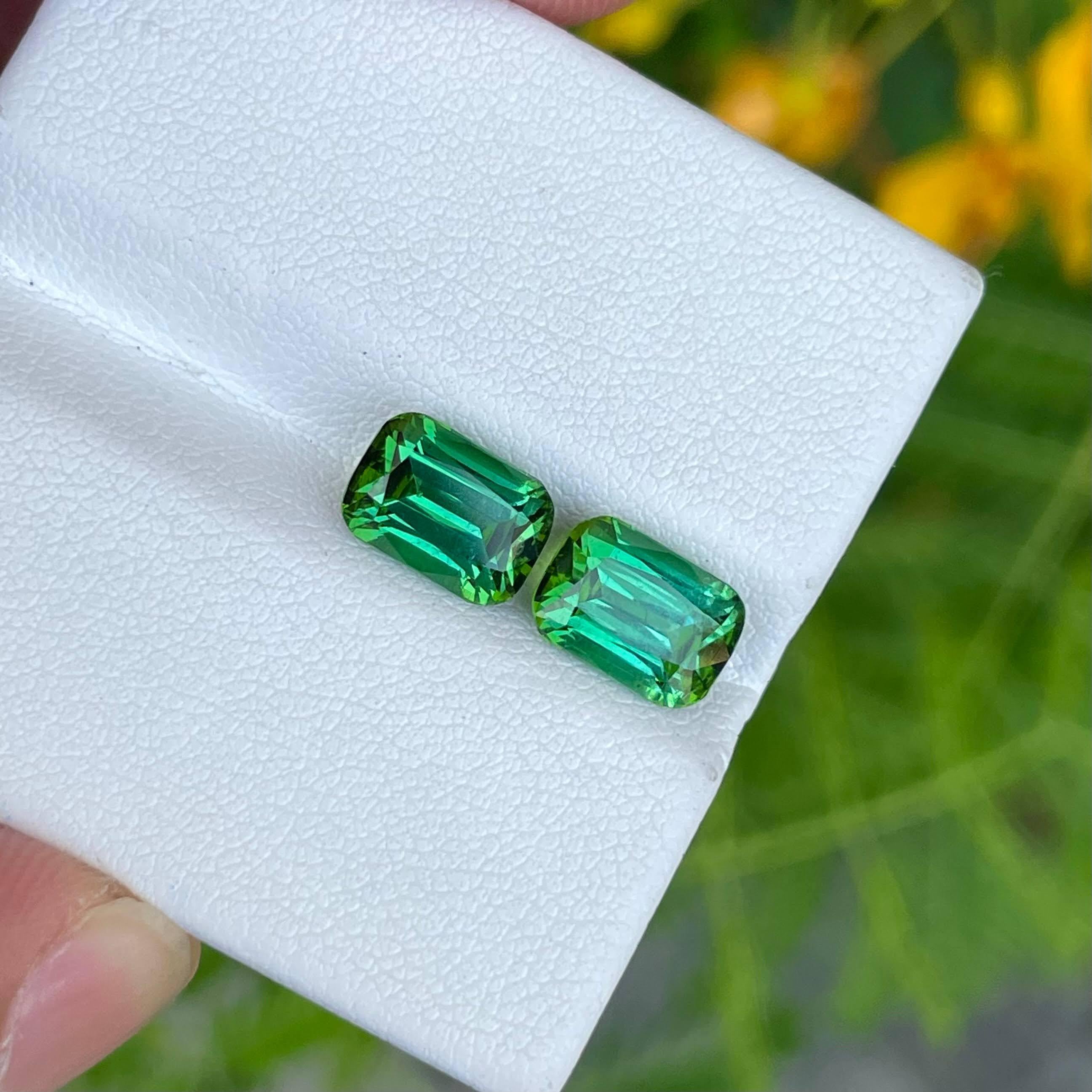 Weight: 4.90 carats
Dimensions : 8.8x6.1x5.5 mm
Treatment none 
Origin Afghanistan 
Clarity VVS
Shape cushion
Cut fancy cushion 




This exquisite pair of Bluish Green tourmaline gemstones, boasting a total weight of 4.90 carats, emanates a