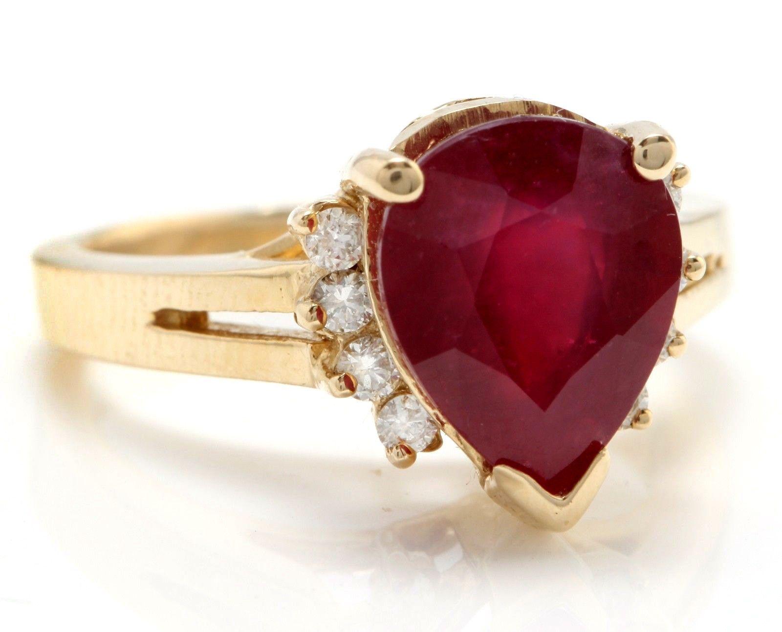 4.90 Carats Impressive Red Ruby and Diamond 14K Yellow Gold Ring

Total Red Ruby Weight is: 4.70 Carats (lead glass-filled)

Ruby Measures: 12.14 x 9.85mm

Natural Round Diamonds Weight: .20 Carats (color G-H / Clarity SI1-SI2)

Ring size: 7 (we