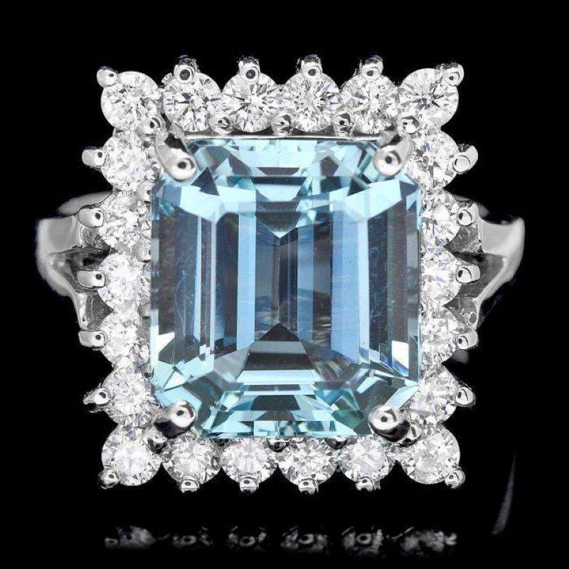 Mixed Cut 4.90 Carats Natural Aquamarine and Diamond 14K Solid White Gold Ring For Sale