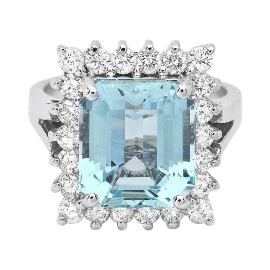 4.90 Carats Natural Aquamarine and Diamond 14k Solid White Gold Ring For Sale