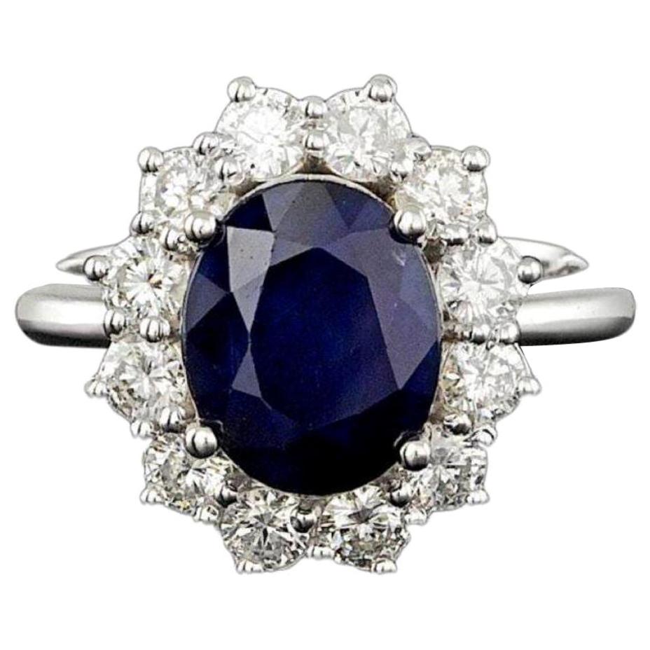 14 Karat massiver Weißgold Ring mit 4,90 Karat natürlichem blauen Saphir und Diamant im Angebot