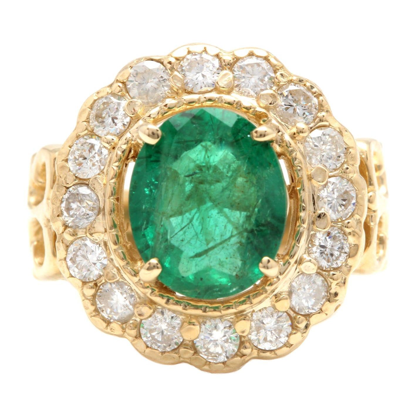 Bague en or jaune massif 14 carats avec émeraudes naturelles et diamants de 4,90 carats