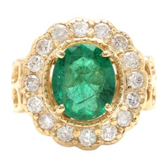 Bague en or jaune massif 14 carats avec émeraudes naturelles et diamants de 4,90 carats