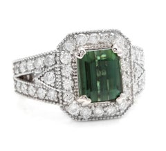 Bague en or blanc massif 18 carats avec tourmaline verte naturelle de 4,90 carats et diamants