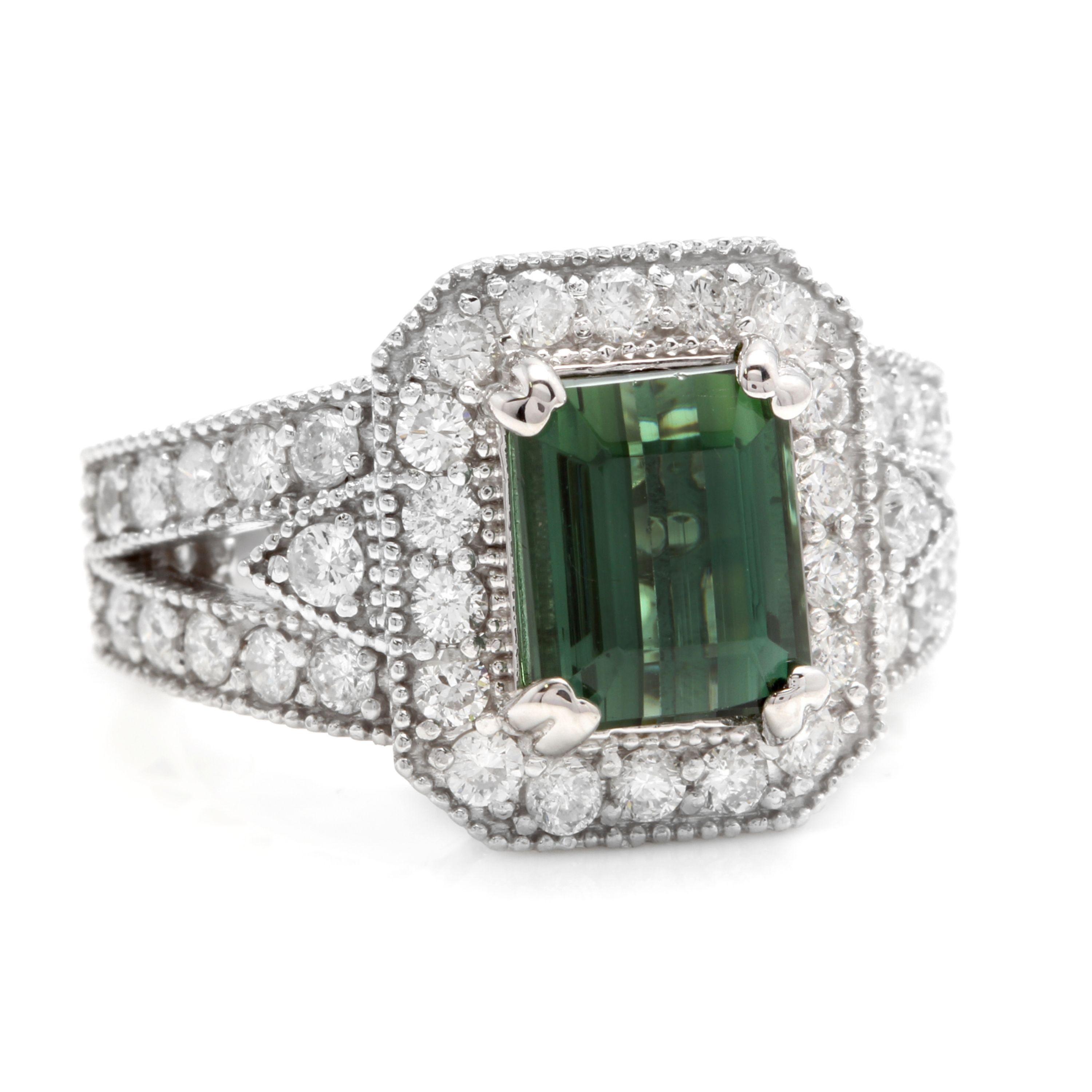 4.90 Carats Natural Very Nice Looking Green Tourmaline and Diamond 18K Solid White Gold Ring

Total Natural Emerald Cut Tourmaline Weight is: Approx. 3.70 Carats (Treatment-Heat)

Tourmaline Measures: Approx. 9.00 x 7.00mm

Natural Round Diamonds