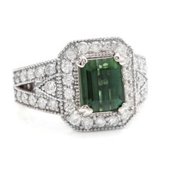 4.90 Carat Natural Green Tourmaline and Diamond 18 Karat Solid White Gold Ring