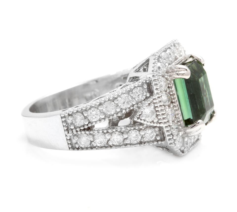 Emerald Cut 4.90 Carat Natural Green Tourmaline and Diamond 18 Karat Solid White Gold Ring For Sale