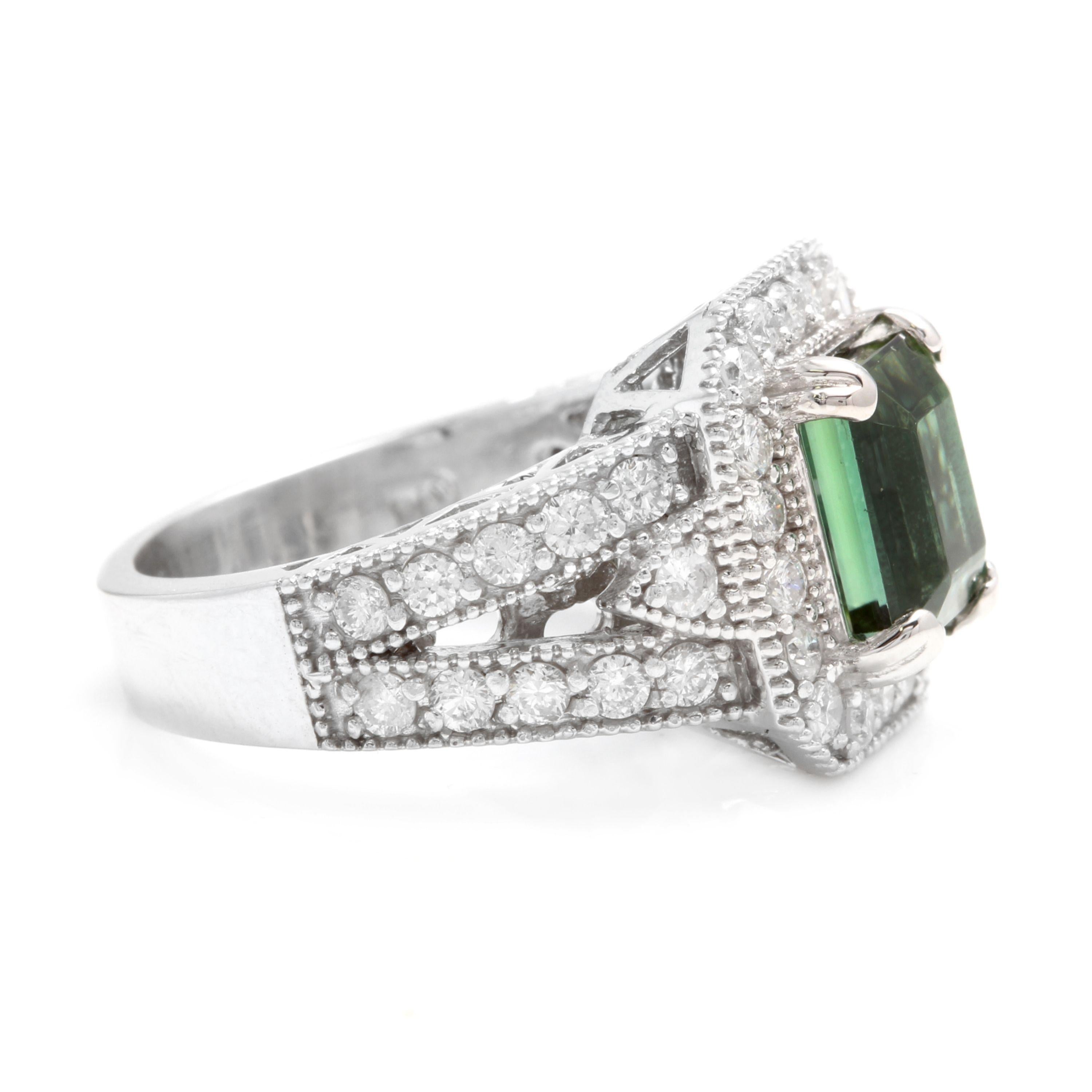 Mixed Cut 4.90 Carat Natural Green Tourmaline and Diamond 18 Karat Solid White Gold Ring For Sale