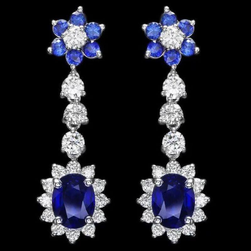 Mixed Cut 4.90 Carats Natural Sapphire and Diamond 14K Solid White Gold Earrings For Sale