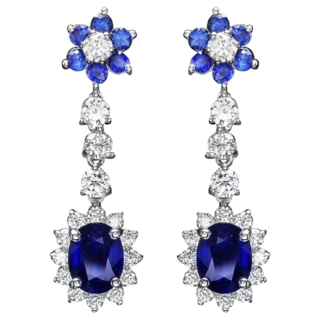 Boucles d'oreilles en or blanc massif 14 carats avec saphirs naturels de 4,90 carats et diamants