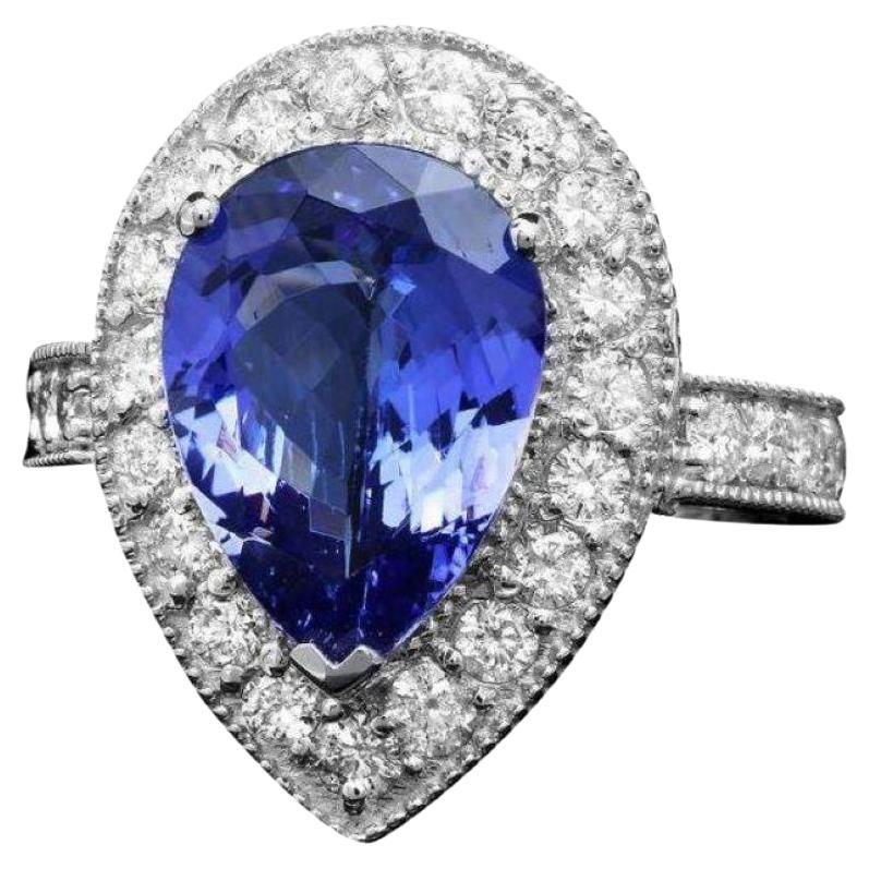 Bague en or blanc massif 14 carats avec tanzanite naturelle de 4,90 carats et diamants