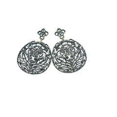 4.90 Carat Diamond Ruby Big Cat Earring Oxidized Sterling Silver with 14Kt Gold