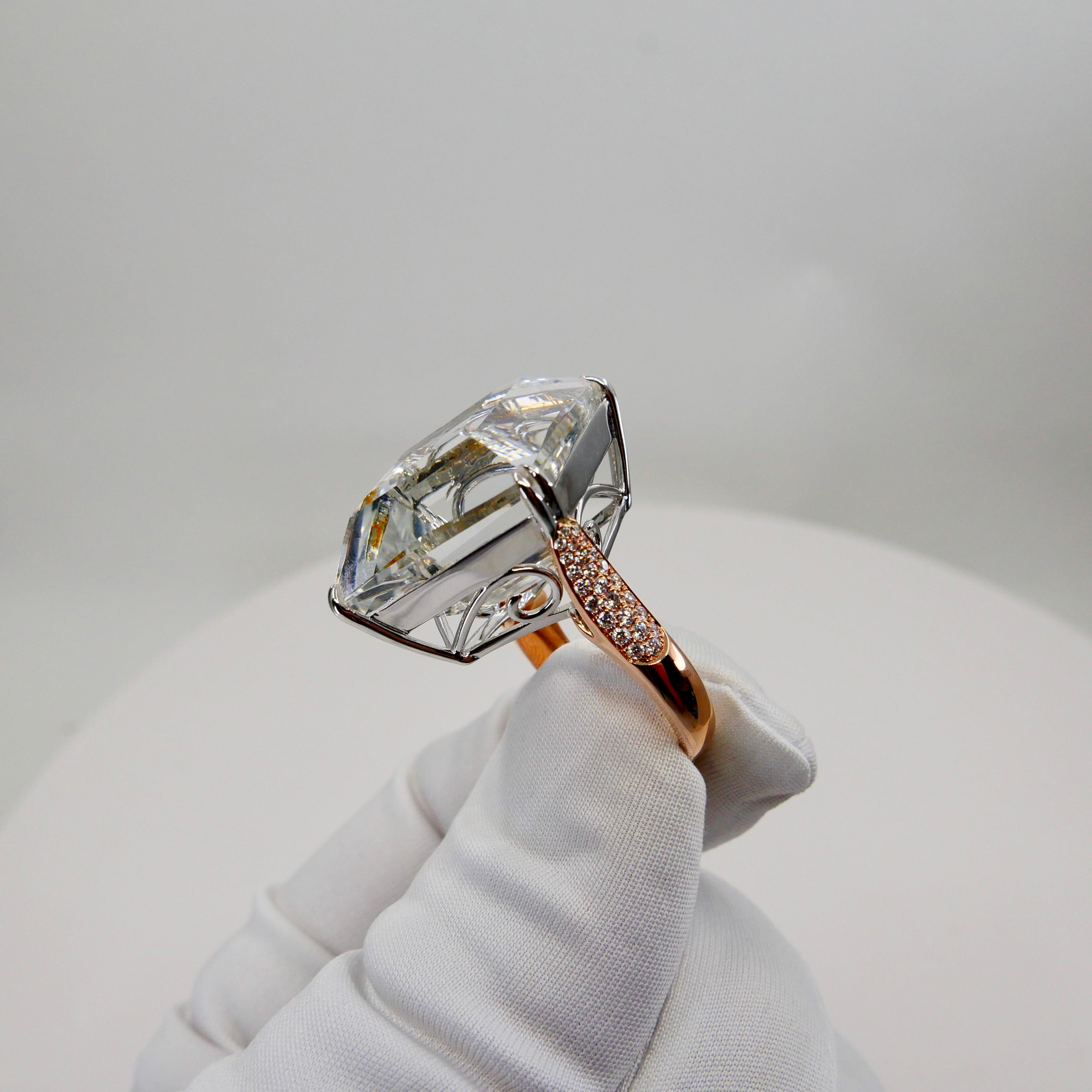 49.02 Carat Kite Step Cut White Topaz and Diamond Cocktail Ring, Massive For Sale 3