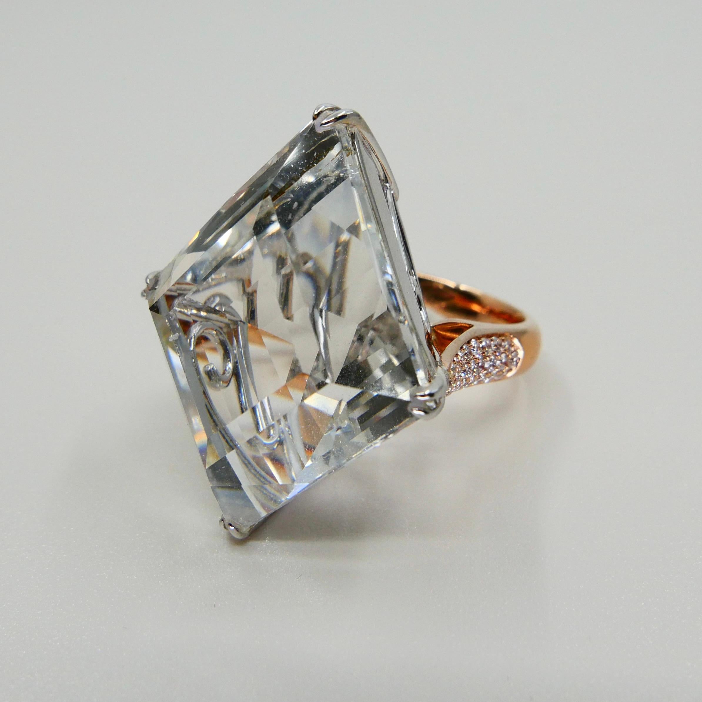49.02 Carat Kite Step Cut White Topaz and Diamond Cocktail Ring, Massive For Sale 6