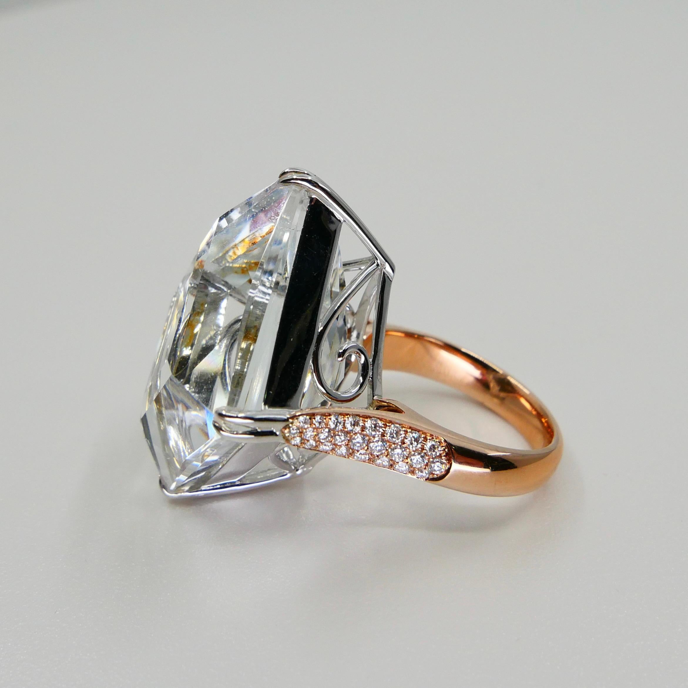 49.02 Carat Kite Step Cut White Topaz and Diamond Cocktail Ring, Massive For Sale 7