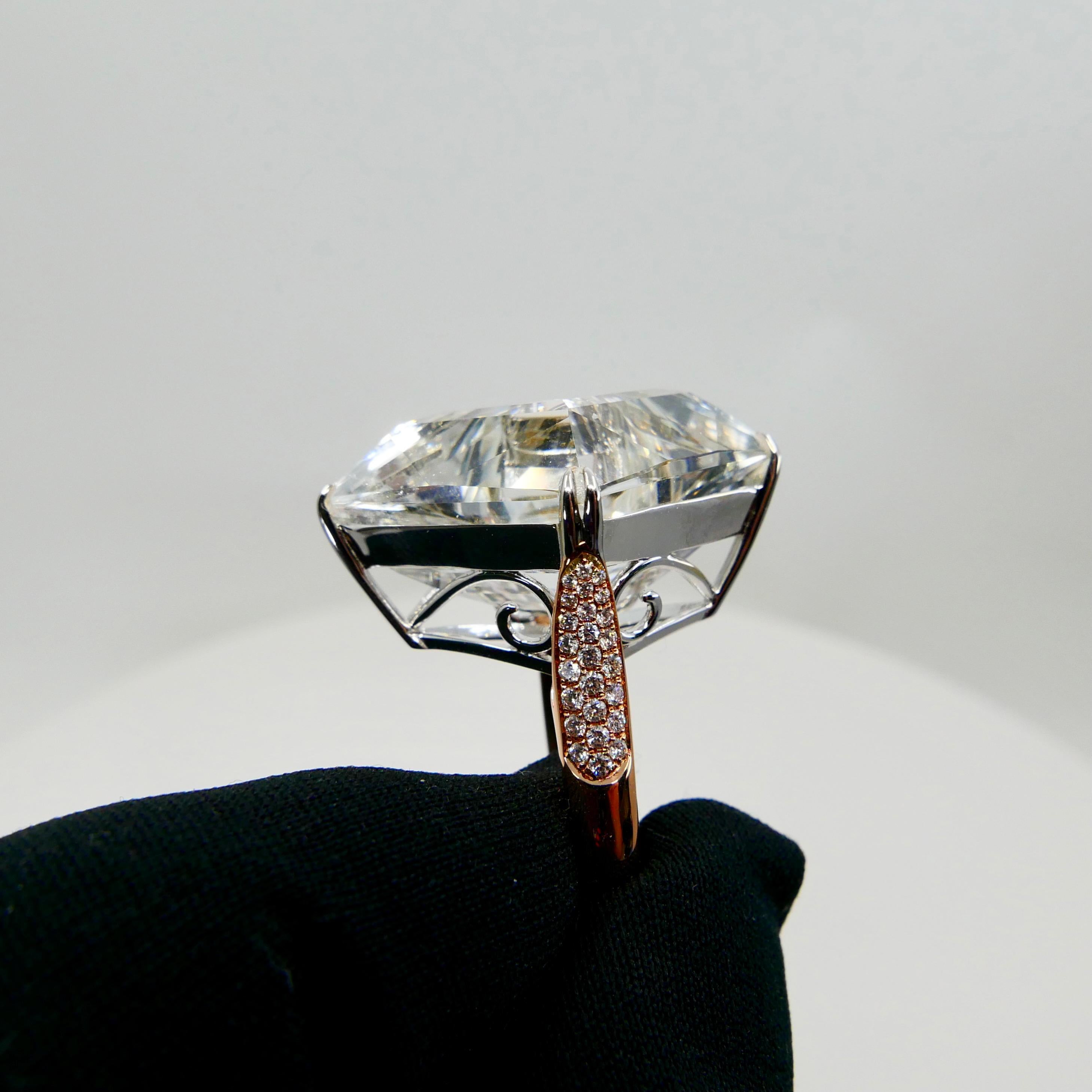 Contemporary 49.02 Carat Kite Step Cut White Topaz and Diamond Cocktail Ring, Massive For Sale