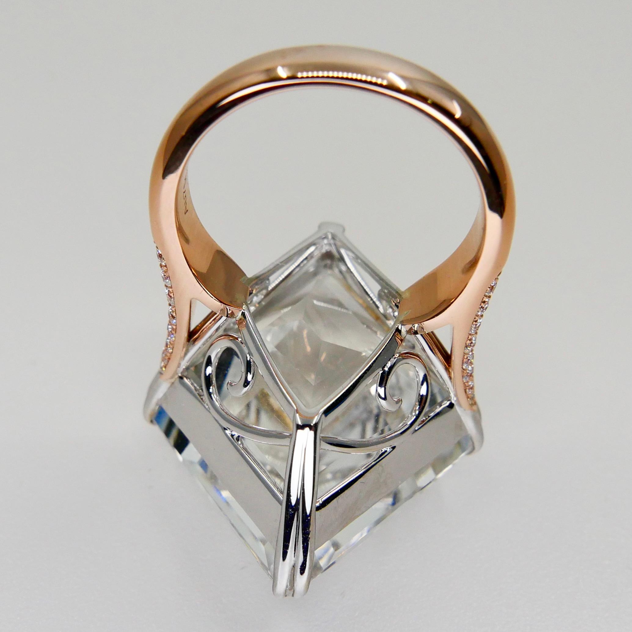 49.02 Carat Kite Step Cut White Topaz and Diamond Cocktail Ring, Massive For Sale 2