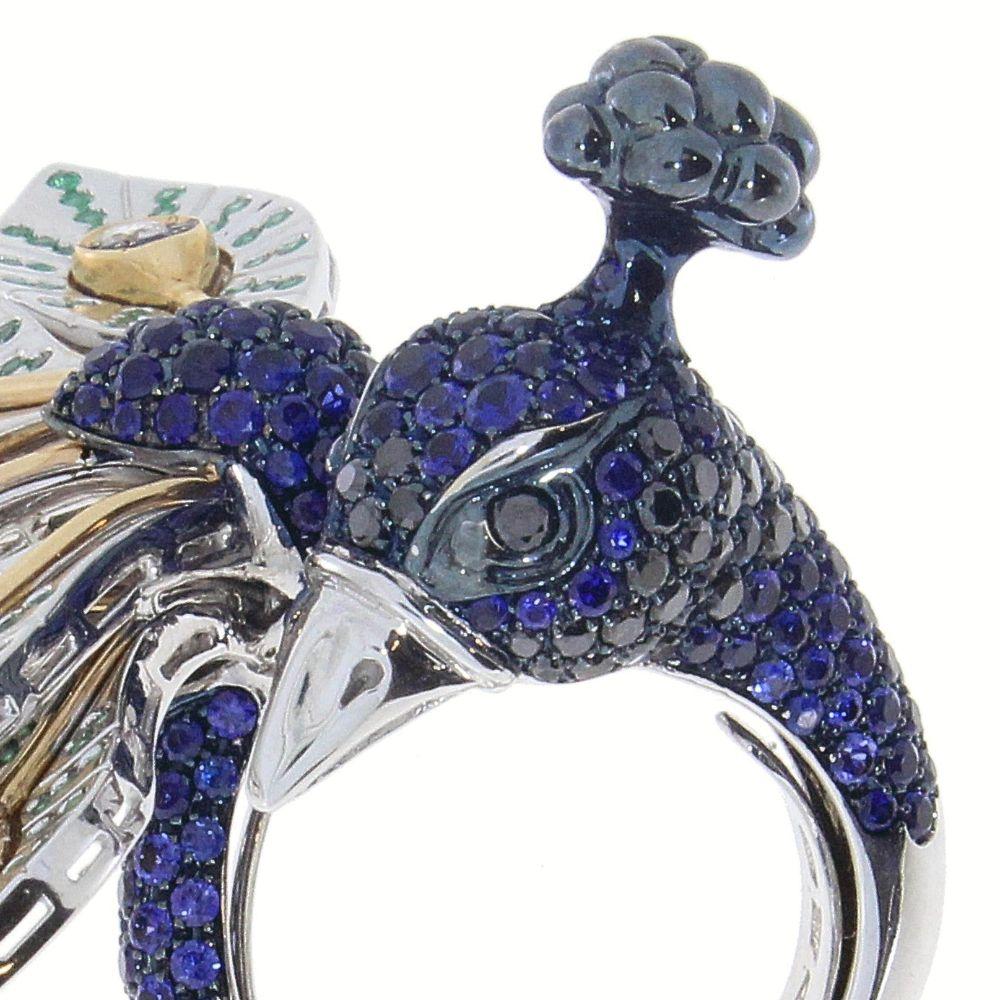 Artisan 49.04gr Diamonds Sapphires Regal Peacock Cocktail Ring with Tszavorites For Sale