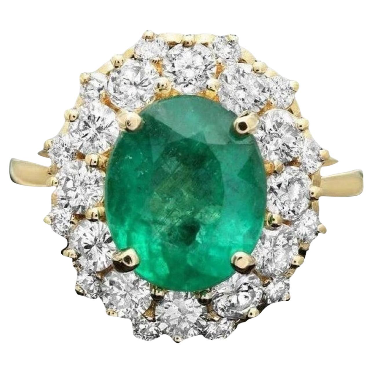 4.90ct Natural Emerald and Diamond 14K Solid Yellow Gold Ring For Sale