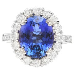 4.90Ct Natural Very Nice Looking Tanzanite and Diamond 18K Solid White Gold Ring
