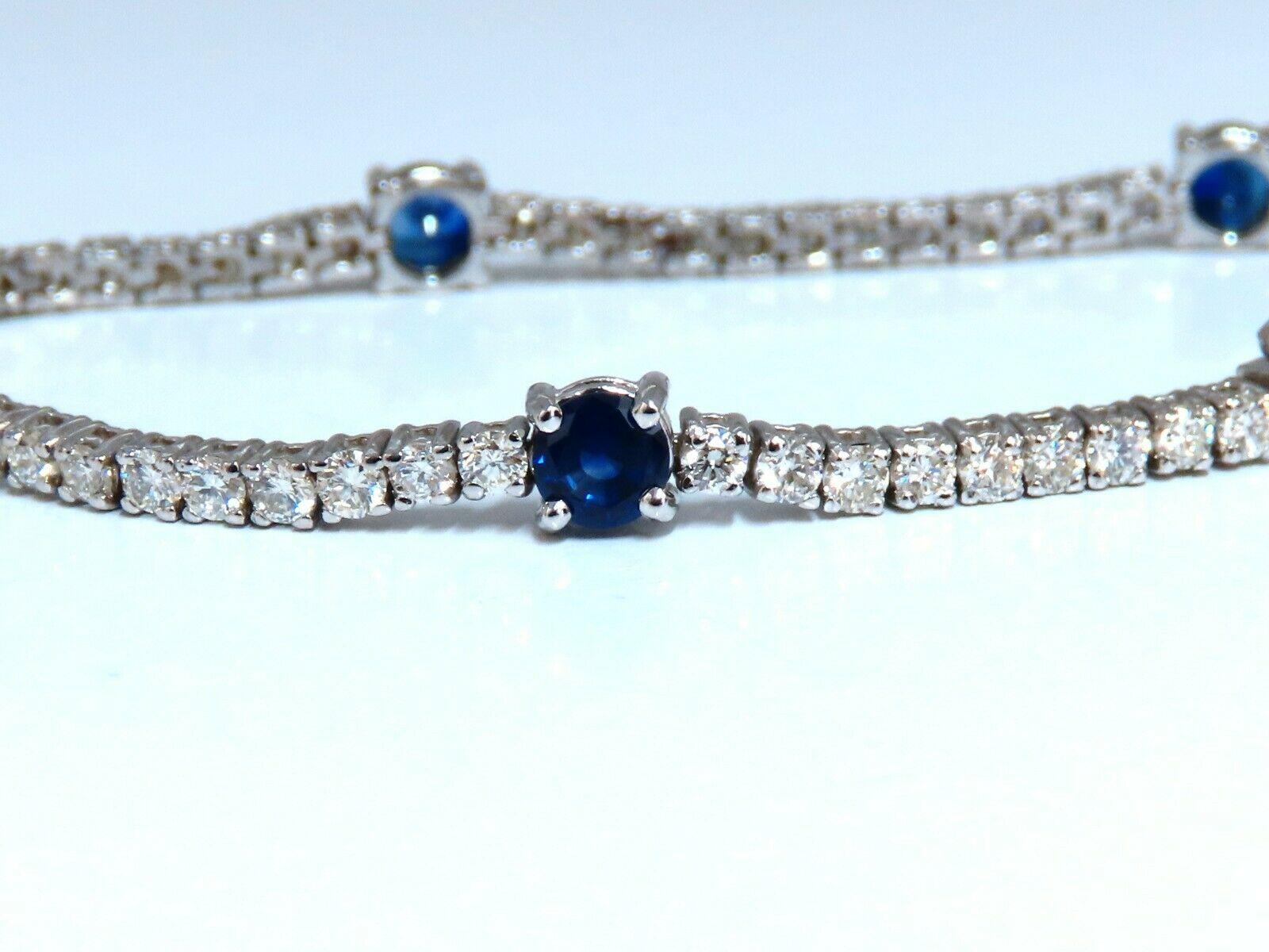 Calibrated Royal Blues Tennis Bracelet.

2.50ct. Natural Blue Sapphires

 & .2.40ct Diamonds bracelet.

Sapphires Average Each: 4.6mm diameter

Clean Clarity & Transparent.

Vivid Blues and Prime Saturation.

Natural Round Brilliant Diamonds:
