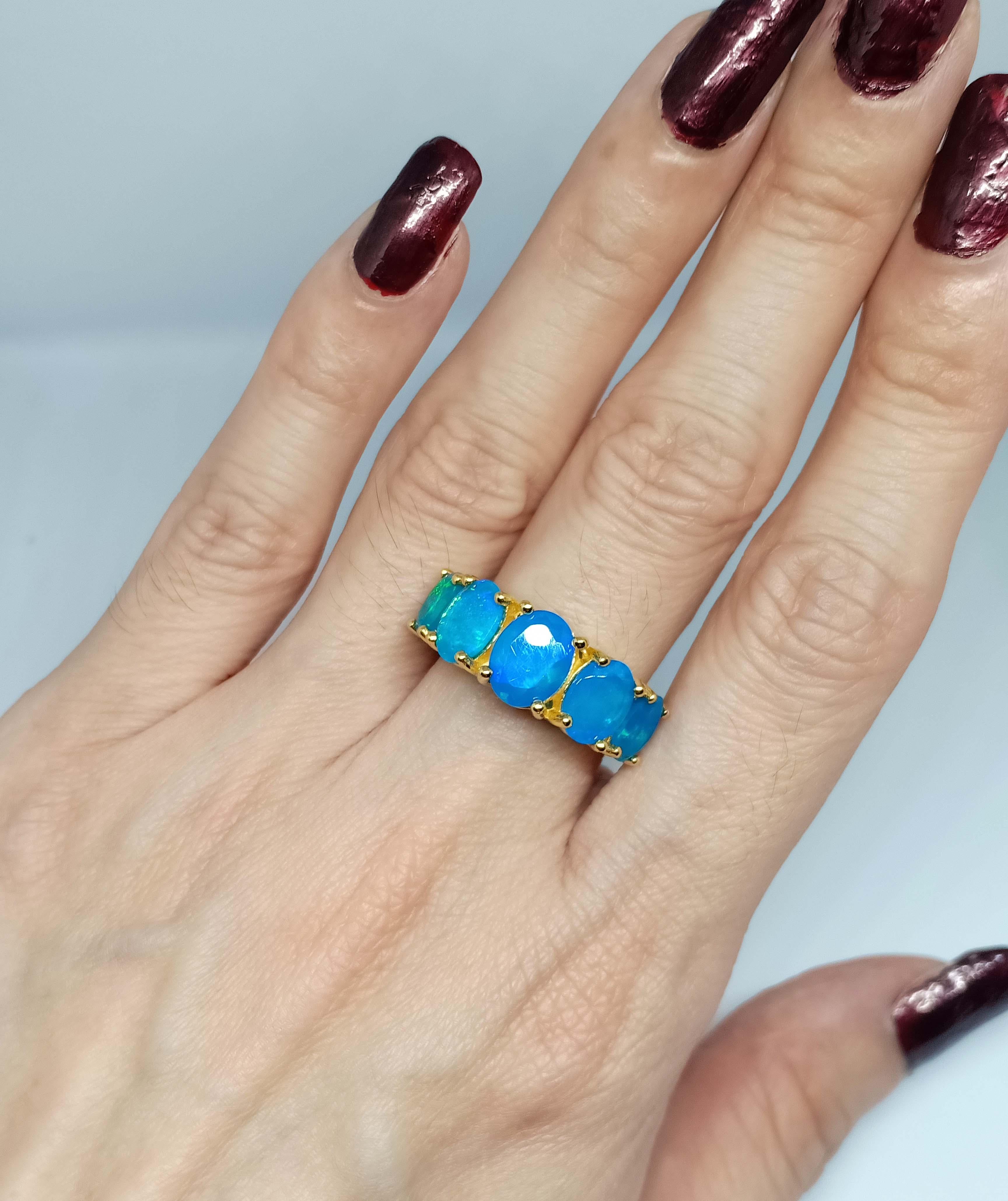 4.90cts Blue opal ring. Sterling Silver in 18K Gold Plated. For Sale 2
