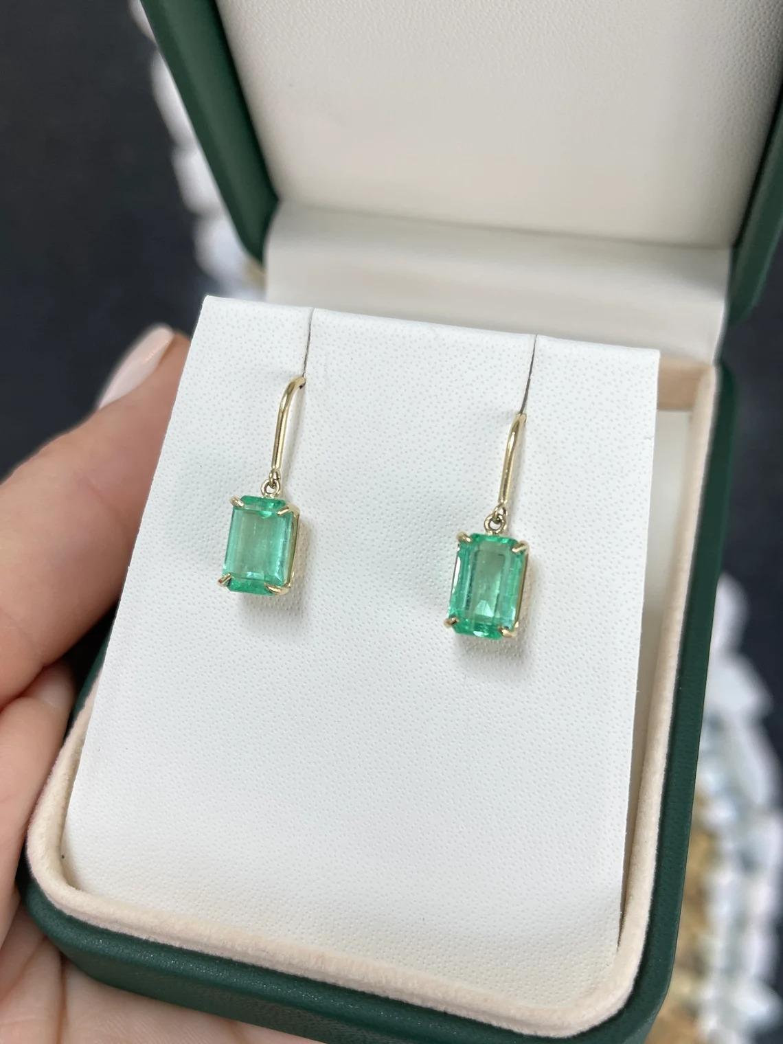 Women's 4.90tcw 14K Colombian Emerald Spring Green Emerald Cut Gold Dangle Earrings For Sale