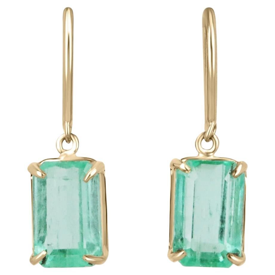 4.90tcw 14K Colombian Emerald Spring Green Emerald Cut Gold Dangle Earrings For Sale