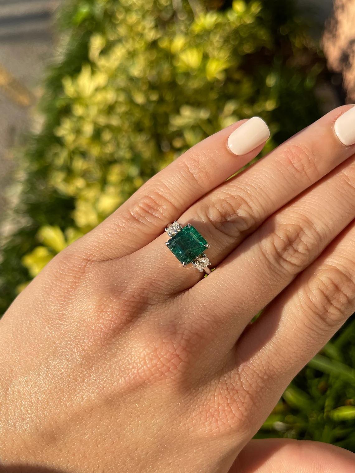 4.90tcw 14K Dark Green Asscher Cut Emerald & Round Diamond 3 Stone 6 Prong Ring In New Condition For Sale In Jupiter, FL