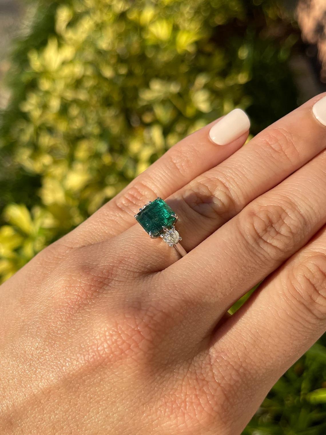 Women's 4.90tcw 14K Dark Green Asscher Cut Emerald & Round Diamond 3 Stone 6 Prong Ring For Sale