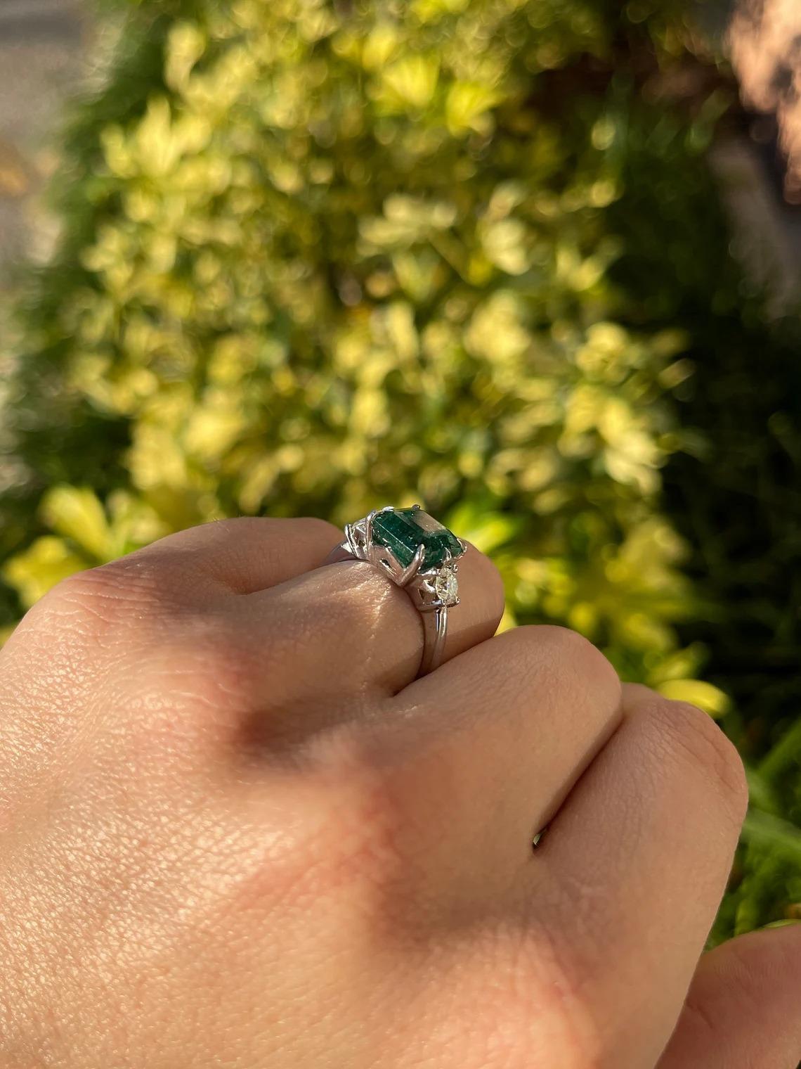 4.90tcw 14K Dark Green Asscher Cut Emerald & Round Diamond 3 Stone 6 Prong Ring For Sale 1