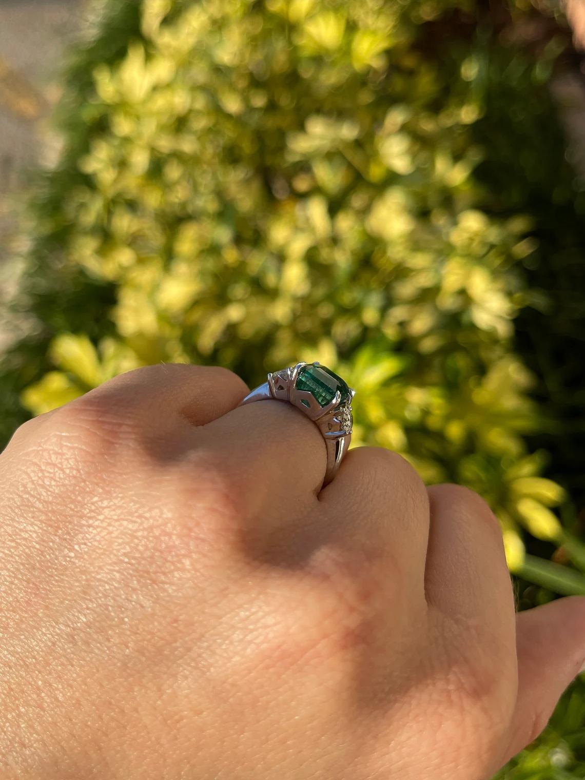 4.90tcw 14K Dark Green Asscher Cut Emerald & Round Diamond 3 Stone 6 Prong Ring For Sale 2
