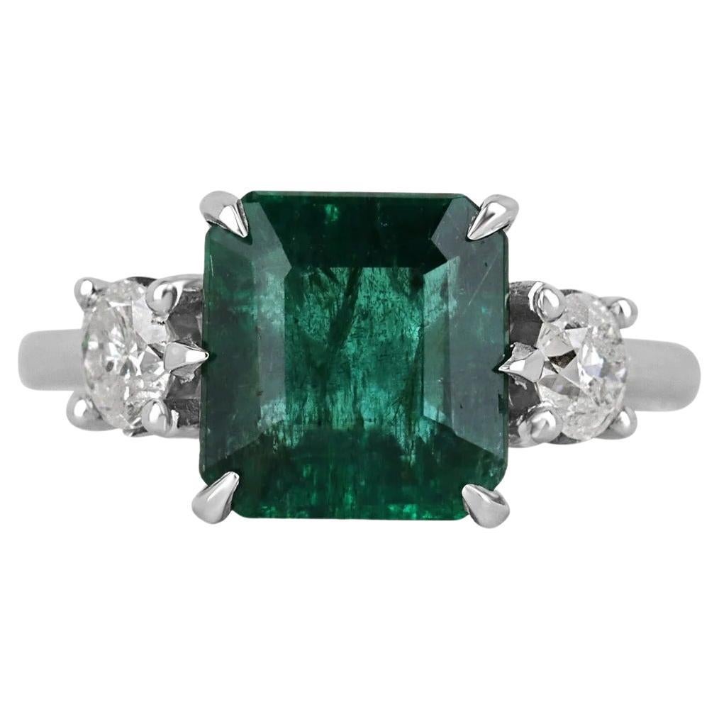 4.90tcw 14K Dark Green Asscher Cut Emerald & Round Diamond 3 Stone 6 Prong Ring For Sale