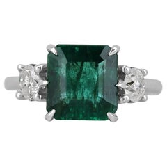 4.90tcw 14K Dark Green Asscher Cut Emerald & Round Diamond 3 Stone 6 Prong Ring