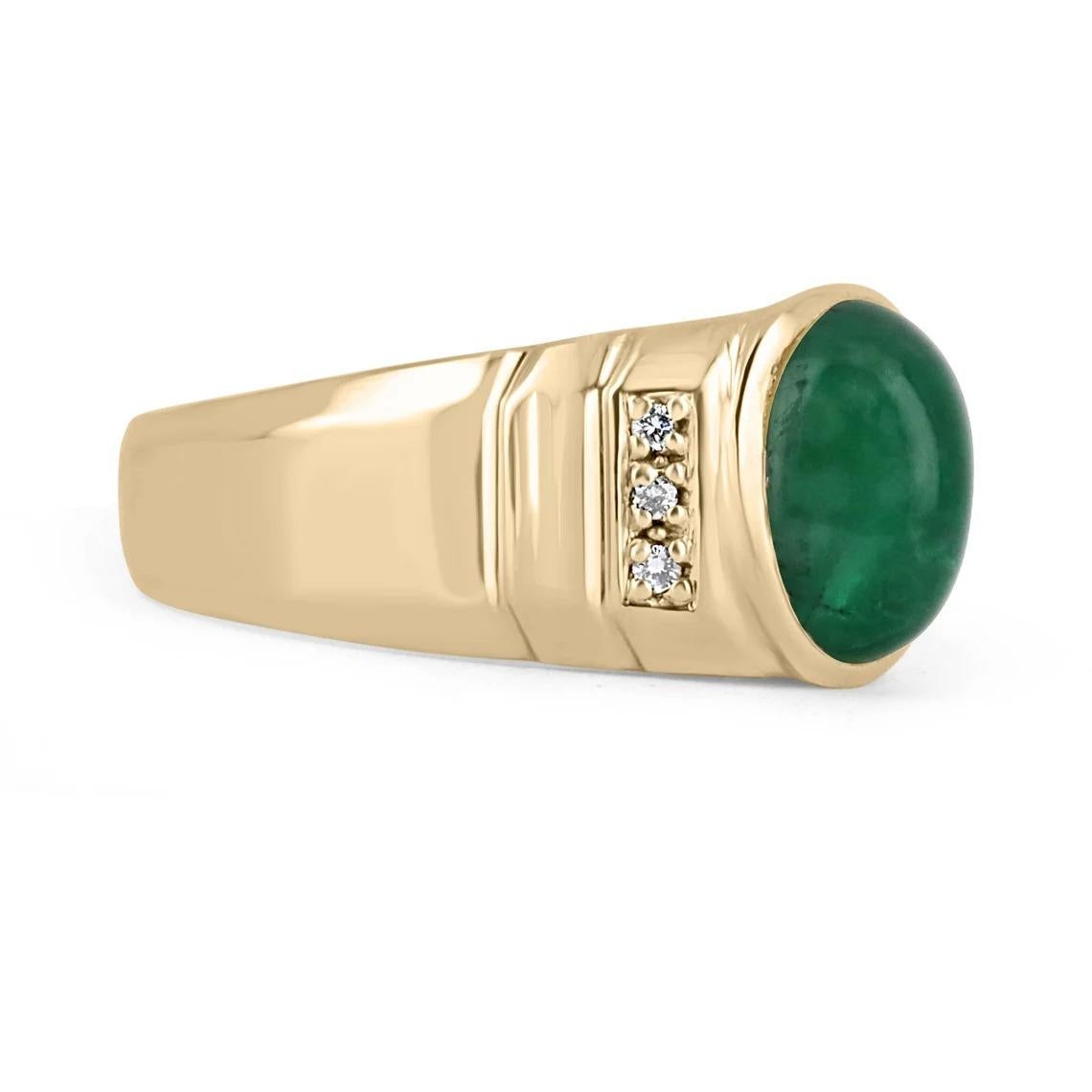A handsome emerald and diamond ring. The center stone features a stunning 4.87-carat, oval-cut cabochon emerald with great qualities. Bezel set, with pave set brilliant round cut diamonds accenting the center gem, with intricate design layout on the